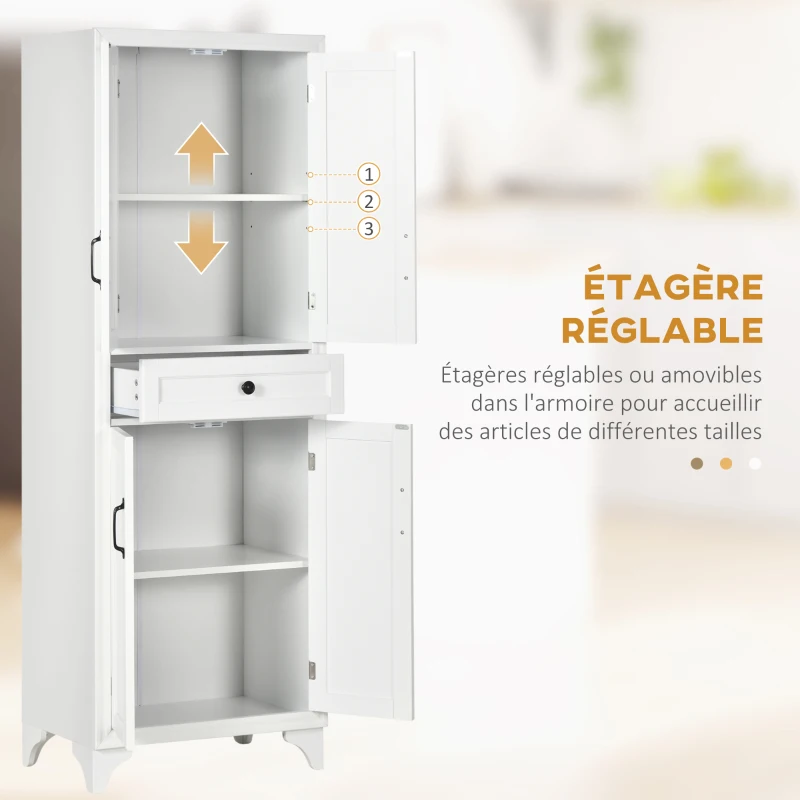 HOMCOM Buffet haut armoire de cuisine 4 portes 2 placards et 1 tiroir central hauteur 170 cm avec étagère réglable blanc