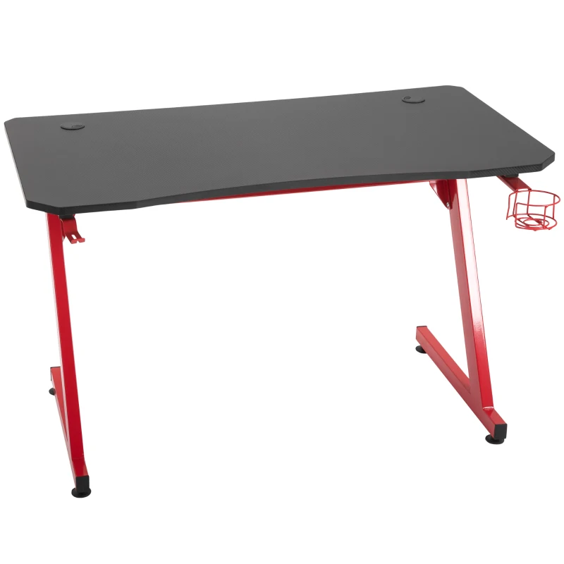 HOMCOM Scrivania da Gaming in Legno e Acciaio con Passacavi, Scrivania per Computer Portabicchieri e Gancio per Cuffie, Rosso e Nero,120x65x74.5cm