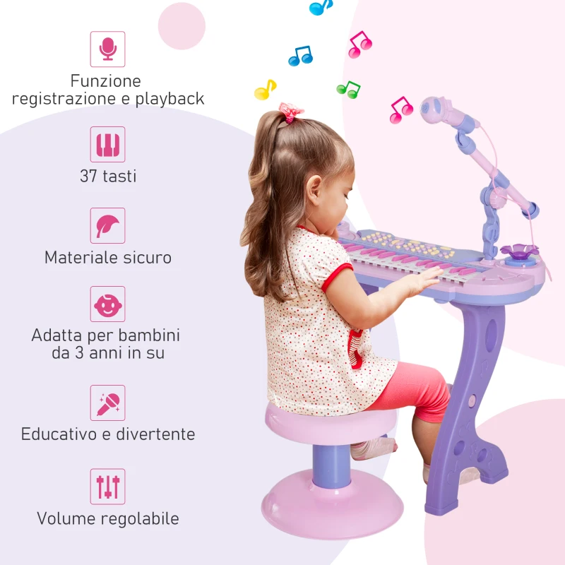 HOMCOM Pianola per Bambini a 37 tasti con Sgabello e Microfono, 12 Strumenti e 22 Musiche, Registrazione, MP3 e Karaoke, Rosa