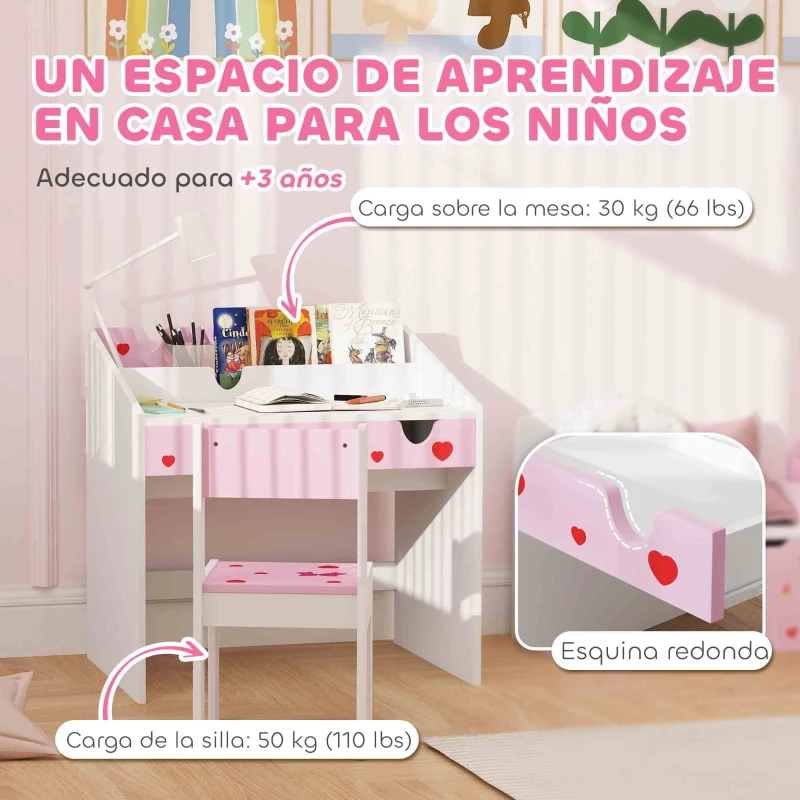 AIYAPLAY Juego de Escritorio y Silla para Niños de +3 Años con Cajón Extraíble y Compartimento Rosa y Blanco