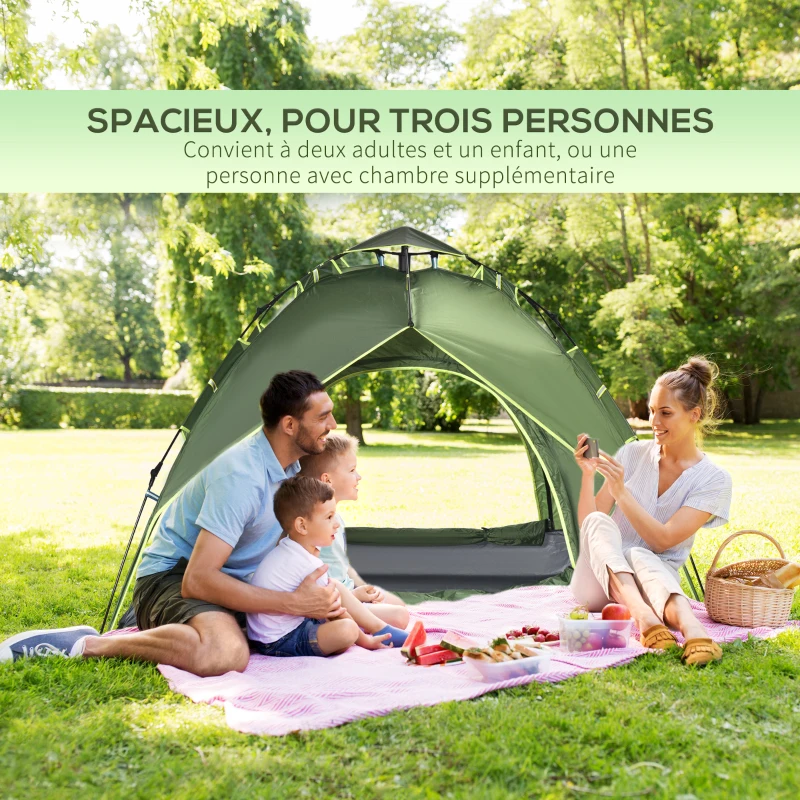 Outsunny Tente de camping tente pop up légère 2-3 pers. - 2 grandes portes - 210 x 210 x 140 cm fibre verre polyester