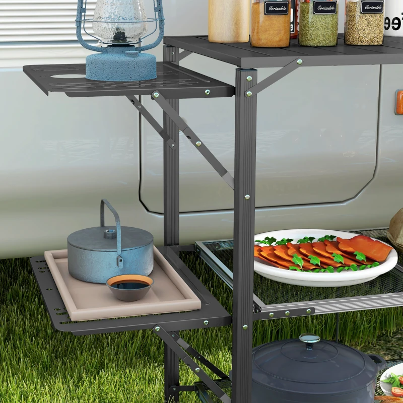 Outsunny Table de cuisine de camping pliante, acier et aluminium, sac de transport, 2 tablettes , 2 étagères et porte-gobelets