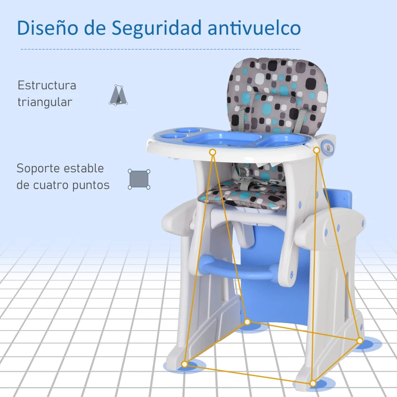 HOMCOM Trona para Bebés 2 en 1 para 6 Meses a 6 Años Transformable en Mesa y Silla Multifuncional Ajustable en 3 Posiciones Respaldo Alto Acolchado con 2 Bandejas Extraíbles 57x59x105 cm Azul
