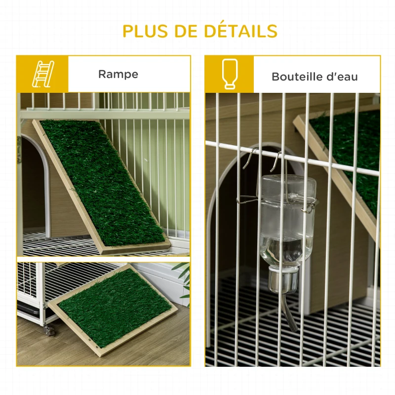 PawHut Cage à lapin clapier sur roulettes toit ouvrant plates-formes avec plateau amovible 78 x 52,5 x 76,5 cm naturel