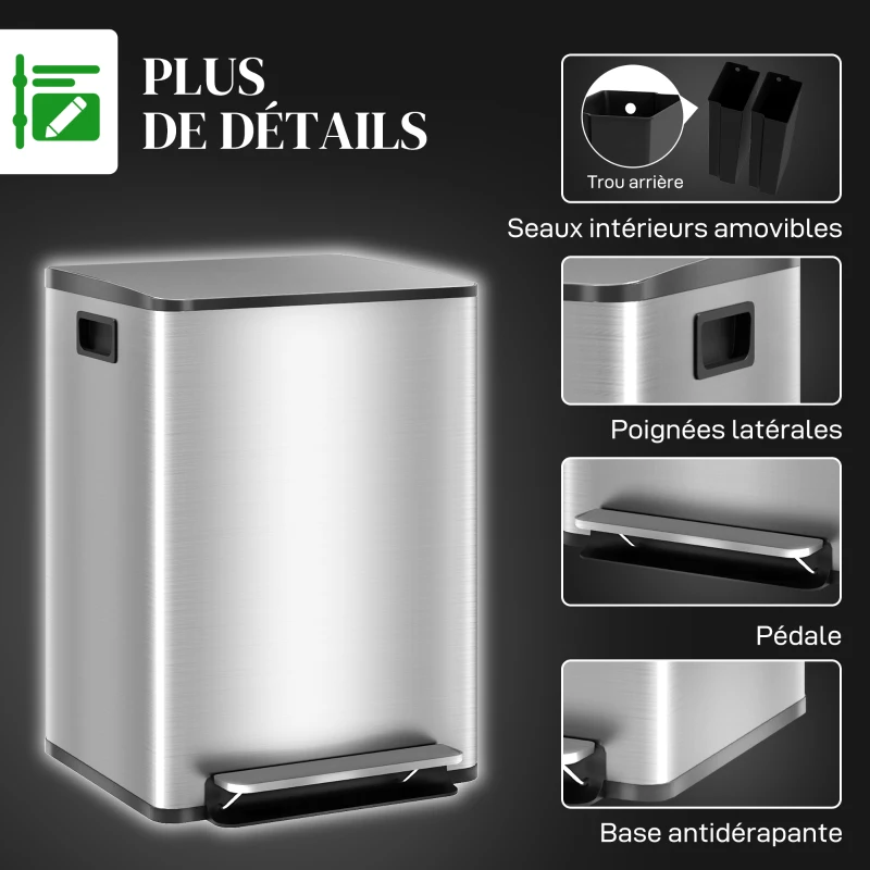 HOMCOM Poubelle de cuisine 2 compartiments de 2 x 20L, avec pédale, en acier inoxydable, couvercle à fermeture douce