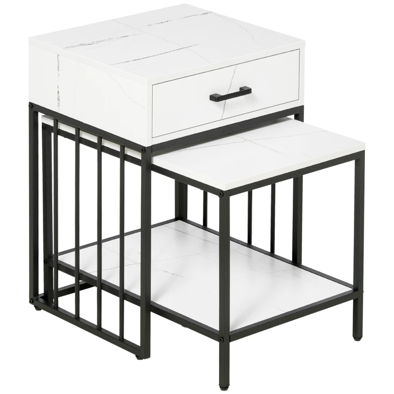 HOMCOM Juego de 2 Mesas de Centro Modernas con Encimera de Mármol Estante y Cajón para Salón 45x42x63,5 cm y 40x60x45 cm Blanco