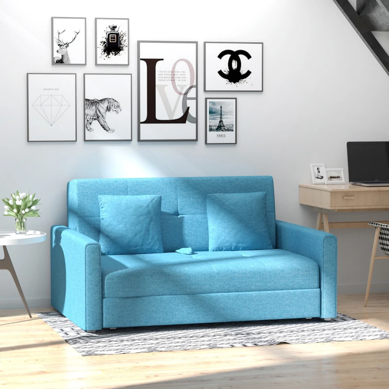 HOMCOM 2 Seater Sofa Bed with Hidden Storage, Pull Out Convertible Bed Settee, Modern Linen Loveseat Sofa Sleeper with 2 Cushions for Living Room, Guest Room, Blue