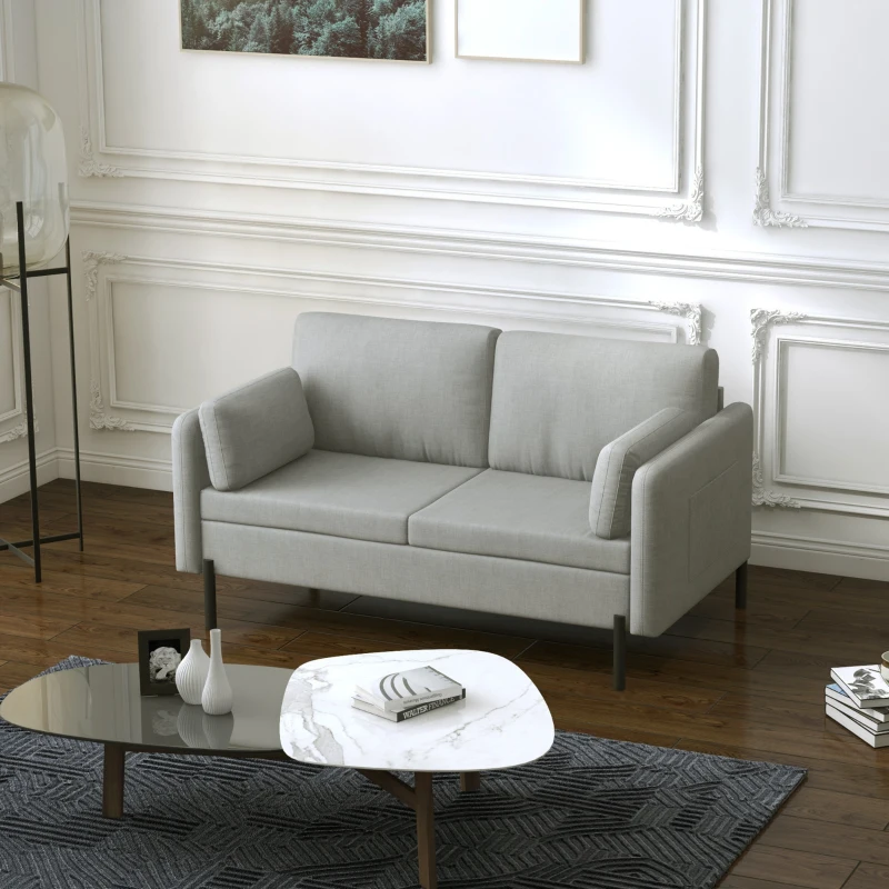 HOMCOM Divano 2 Posti per Soggiorno in Tessuto Effetto Lino e Acciaio con Tasche Laterali, 143x73x77cm, Grigio