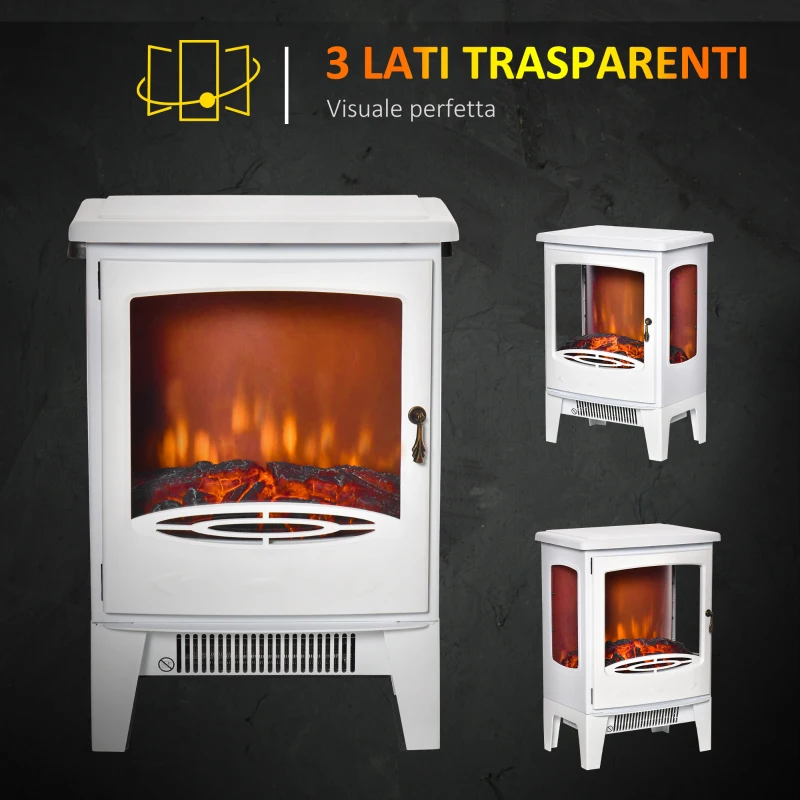 HOMCOM Camino Elettrico Effetto Fiamma e 3 Lati Aperti, Temperatura Regolabile 900W-1800W, Protezione da Surriscaldamento, Copertura 20-25m², 39x26x54.8cm, Bianco