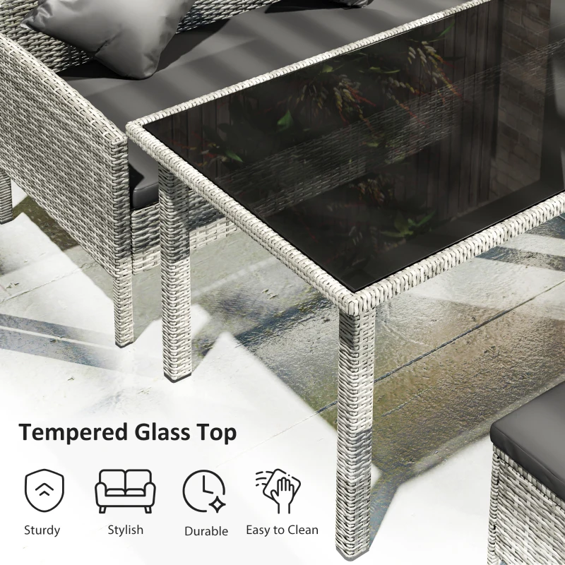 Outsunny tsunny 6-Seater Rattan Dining Set Sofa Table Footstool Outdoor w/ Cushion Garden Furniture, Dark Grey