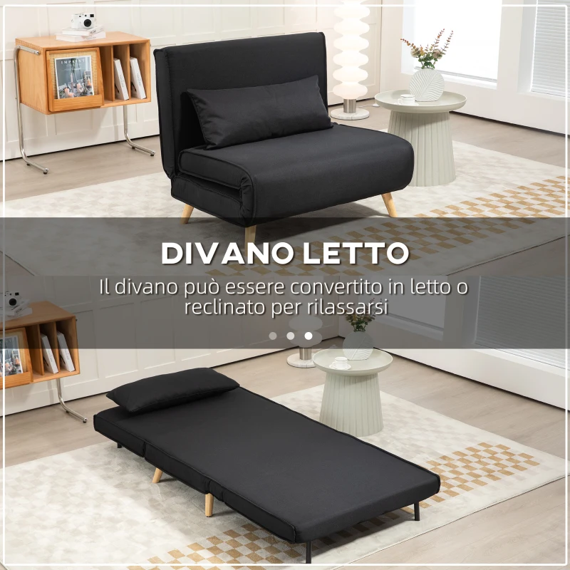 HOMCOM Poltrona Letto 3 in 1 con Schienale Reclinabile su 6 Posizioni in Tessuto, 94x78x80 cm, Nero