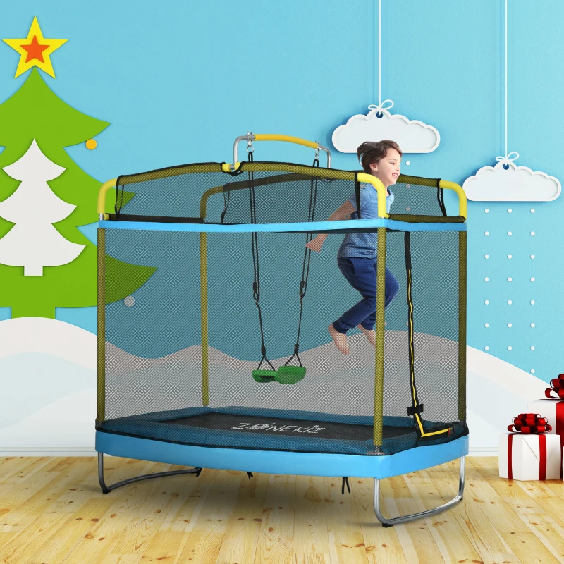 ZONEKIZ Elástica Infantil con Red de Seguridad Barra Horizontal Desmontable y Columpio 178x118x210 cm Azul Claro