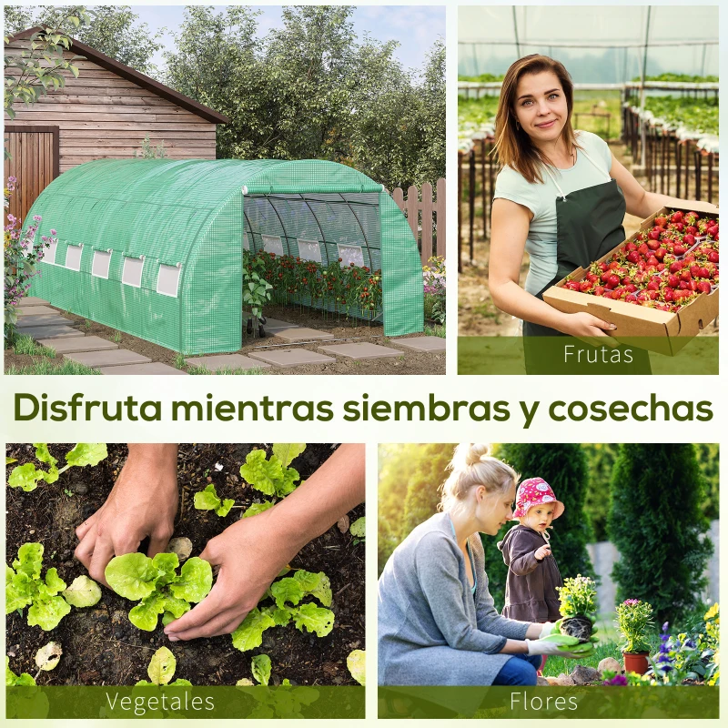 Outsunny Invernadero de Túnel 6x3x2 m con Puerta y 12 Ventanas de Malla Enrollables Invernadero de Huerto para Patio Jardín Verde