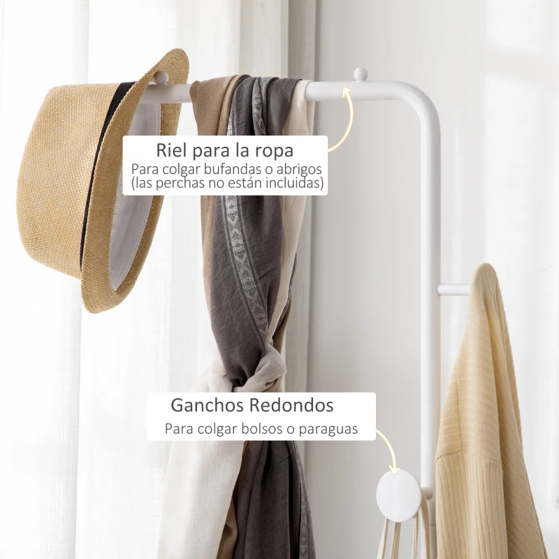 HOMCOM Perchero de Pie con Base de Mármol Barra y 2 Ganchos de Metal para Dormitorio Pasillo 35x25x170 cm Blanco
