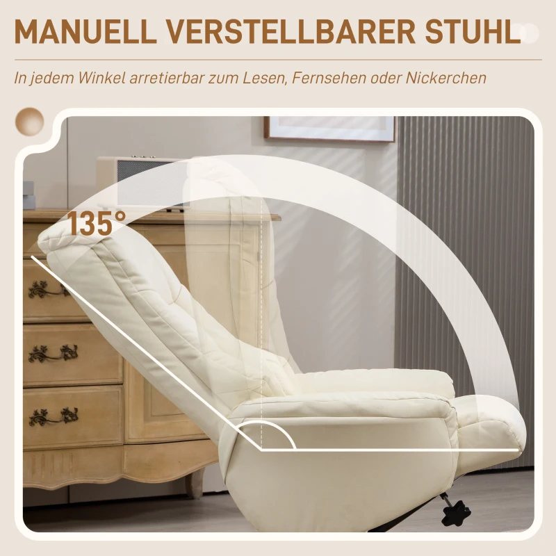 HOMCOM Relaxsessel mit Hocker, Liegefunktion, Kunstlederbezug, bis 150 kg, 71 x 84 x 102 cm, Cremeweiß(m-4)