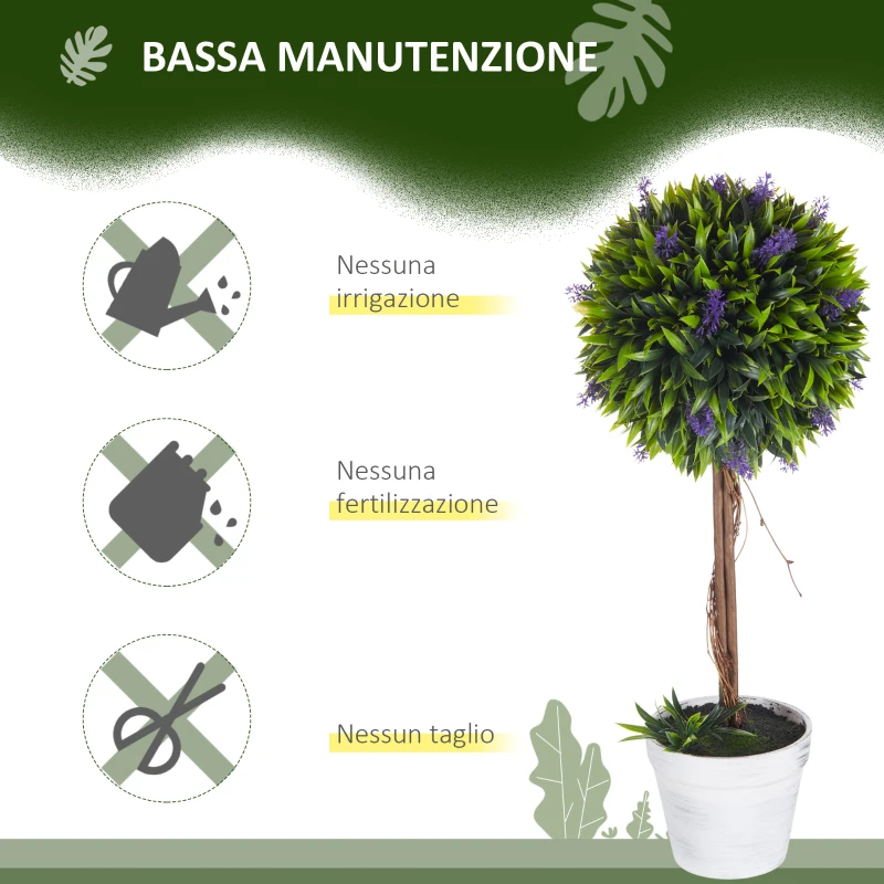 HOMCOM Set 2 Piante Artificiali Verdi a Sfera con Fiori di Lavanda e Vaso con Muschio e Cemento, Ø24x60 cm