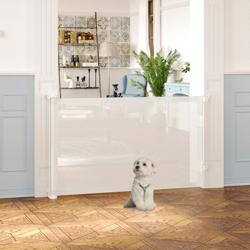 PawHut Barrière escalier chien rétractable opération à une main cadre en alliage d'aluminium tissu mesh 150 x  85 cm blanc