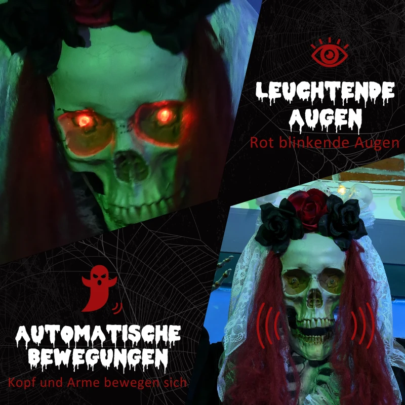 HOMCOM Halloween-Dekoration Skelettbraut, LED-Augen, heult, dreht sich, Geräusch- & Bewegungssensor, 100 cm
