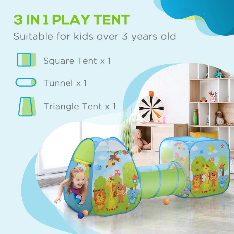 HOMCOM 3 in 1 Pop Up Tent Kids Playhouse Toddlers Crawl Tunnel Cute Drawing On Surfuce Indoor Outdoor Garden Use 230 x 74 x 93 cm