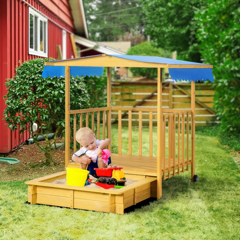 Outsunny Arenero para Niños Veranda de Madera con Techo y Ruedas Juego para Niños de 3-8 Años para Jardín 133x129x137,5cm Natural