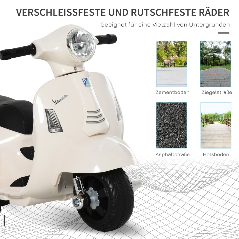 HOMCOM Elektro Kindermotorrad Vespa Elektromotorrad mit LED-Licht, Sound, Kinder Elektro Motorrad für Kinder von 18-36 Monate Weiß