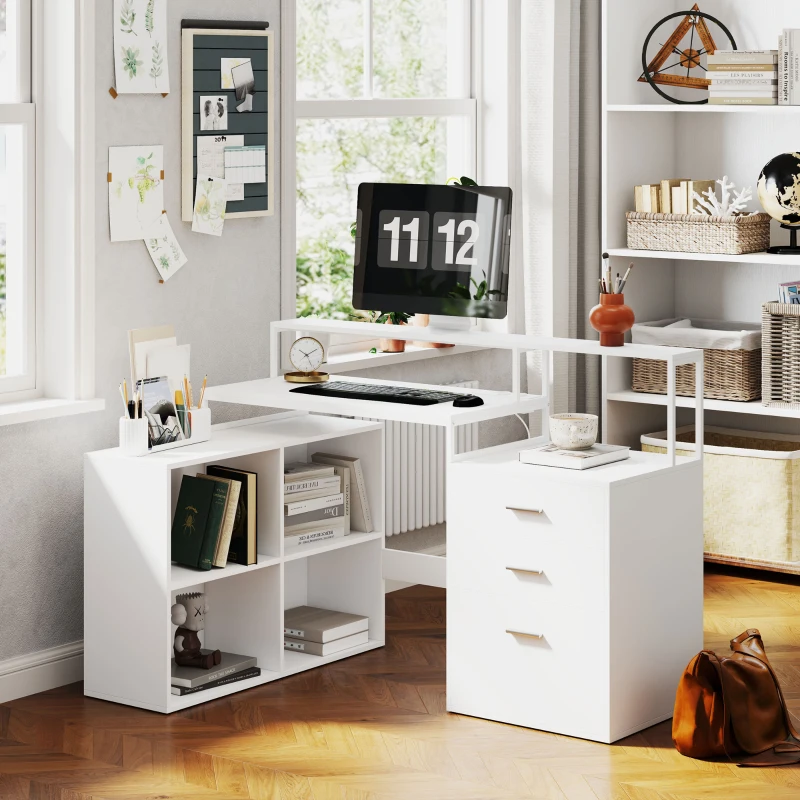 HOMCOM Scrivania Ufficio con 2 Tavoli, 4 Ripiani, 3 Cassetti e Supporto per Monitor, in Legno, 138.5x90x92 cm, Bianco