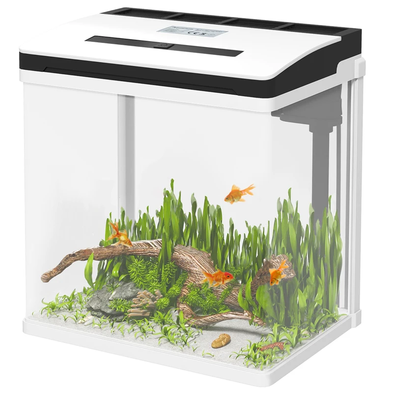 PawHut Acuario de Cristal de 13L Pecera Pequeña con Sistema de Filtro Iluminación LED Bomba de Agua 29x20x30,5 cm Blanco