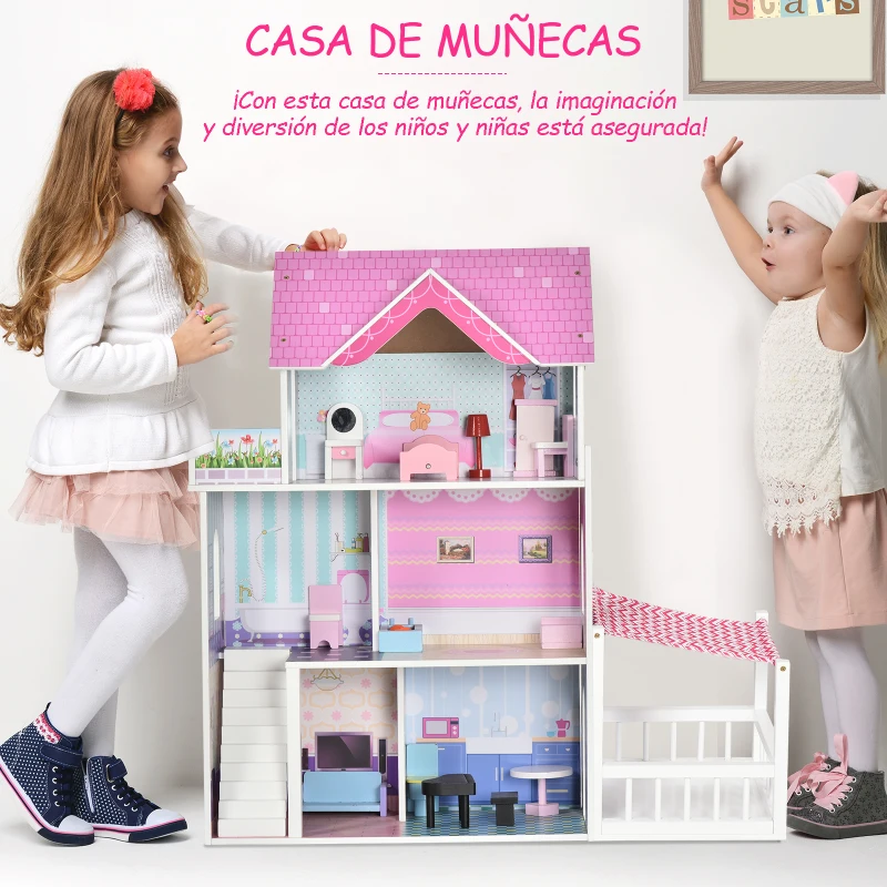 HOMCOM Casa de Muñecas de Madera de 3 Pisos con Patio 86x30x87 cm Muebles Accesorios de 13 Piezas Diseño Lindo Casita Muñecas de Juguete Madera Rosa