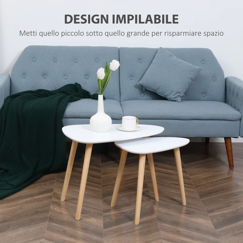 HOMCOM Set 2 Tavolini da Salotto Impilabili Stile Nordico con Gambe in Legno, Bianco