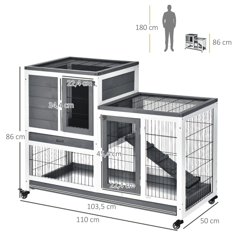 PawHut Conejera de Madera con Ruedas para Interior Jaula de 2 Pisos con Rampa y 2 Bandejas Extraíbles 110x50x88cm Gris