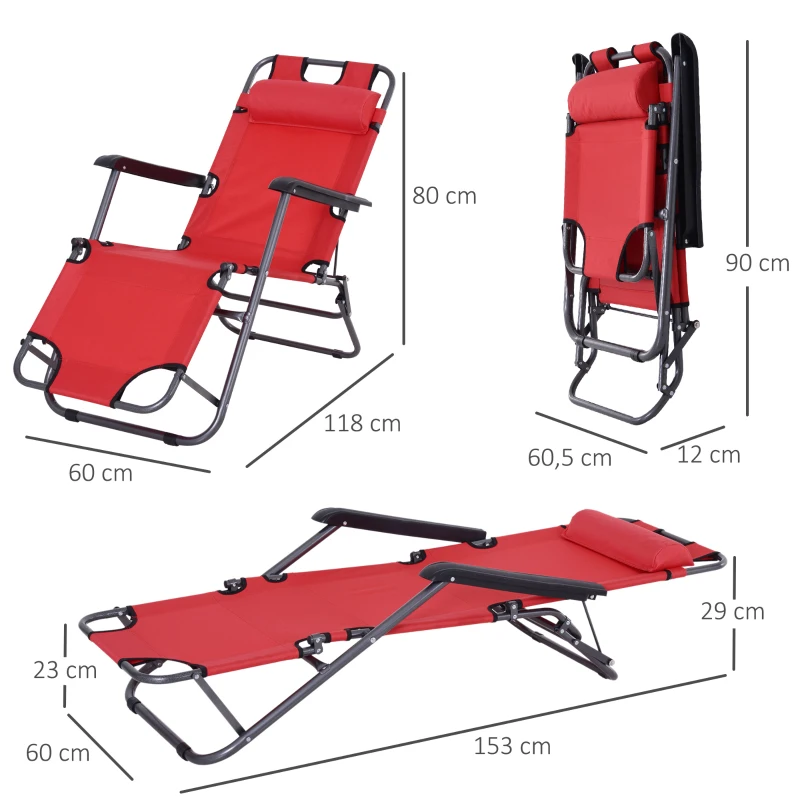 Outsunny Chaise Longue inclinable transat Bain de Soleil fauteuil relax jardin 2 en 1 Pliant têtière Amovible Charge Max. 136 Kg Toile Oxford Facile d'entretien Rouge