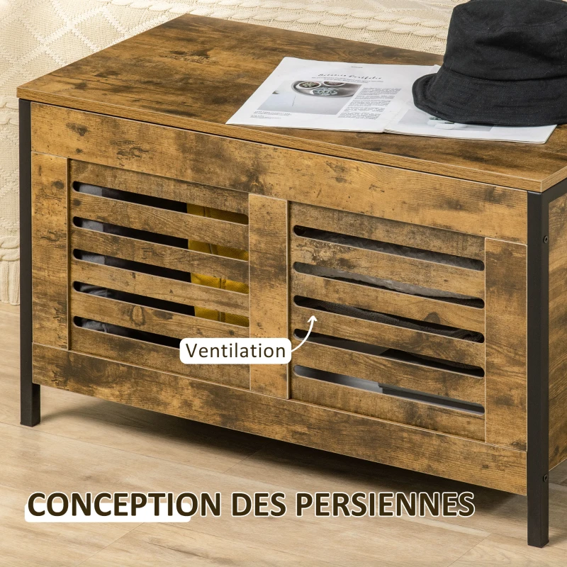 HOMCOM Banc coffre de rangement style industriel dim. 80L x 40P x 49H cm marron rustique et noir