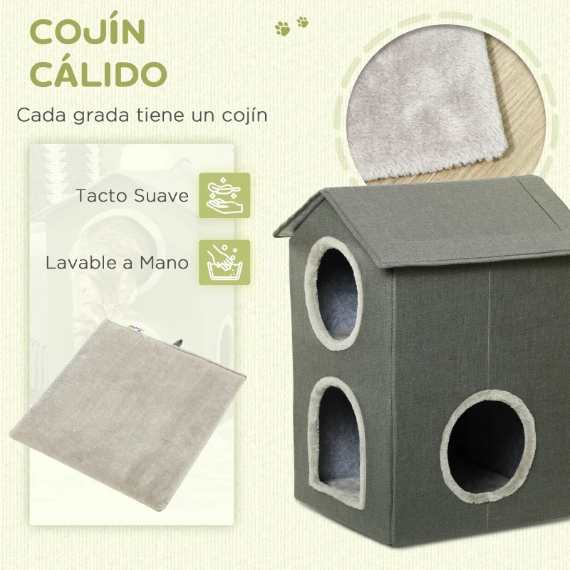 PawHut Cama para Gatos de 2 Niveles Cueva para Gatos con 3 Puertas y Cojines Lavables 42x46x59,5 cm Gris