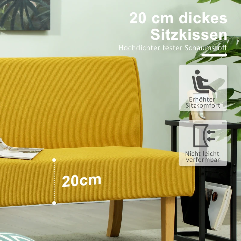 HOMCOM Zweisitzer-Sofa mit Cord-Bezug, dicker Polsterung und soliden Holzbeinen für Wohnzimmer, Schlafzimmer, Büro, Gelb(m-5)