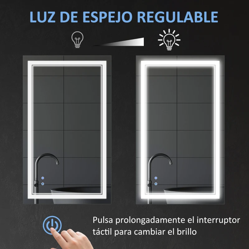 kleankin Espejo de Baño con Luz LED con Interruptor Táctil Color de Luz Ajustable y Función de Memoria 100x60 cm Plata
