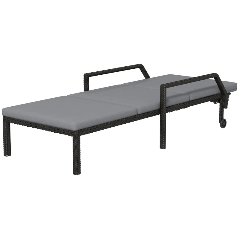 Outsunny Tumbona de Ratán Sintético con Respaldo Ajustable en 5 Posiciones Cojín y Ruedas  73x200x48 cm Gris Claro y Negro