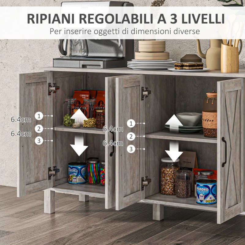 HOMCOM Mobiletto Multiuso stile Rustico con 4 Ripiani Portaoggetti Regolabili, in Legno, 120x37x75 cm, Grigio