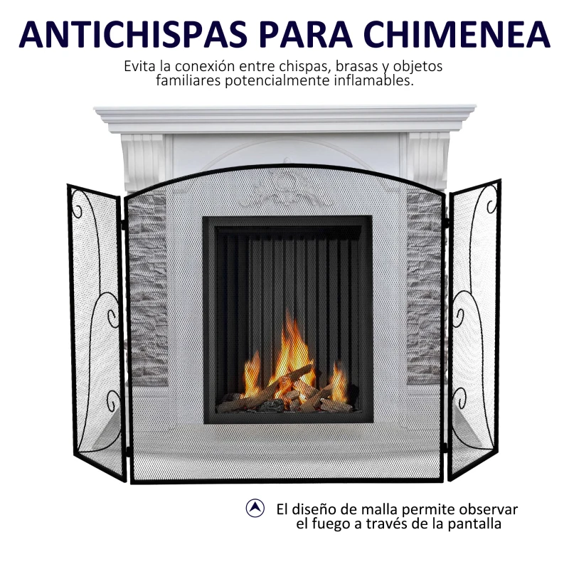 HOMCOM Pantalla de Chimenea Plegable con Bisagras 132,5x76,5 cm Estructura de Acero Resistente Malla Decorativa Negro