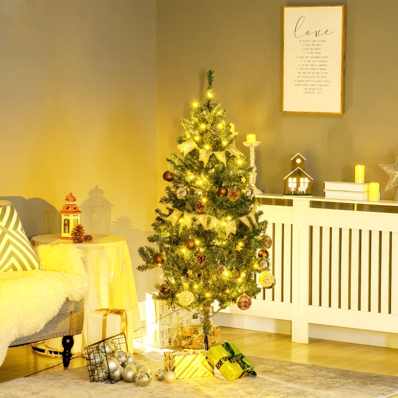 HOMCOM 5' Artificial Prelit Christmas Trees Holiday Décor with Warm White LED Lights, Decoration, Banner, Tag, Ball