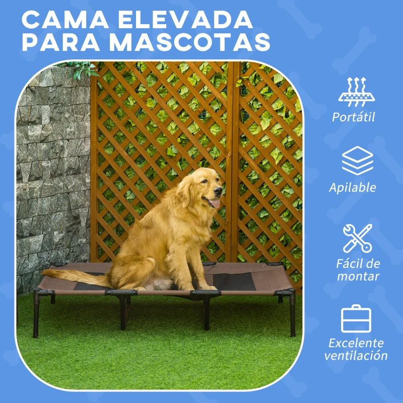 PawHut Cama Elevada para Perros Gatos Portátil Cama para Mascotas con Zona de Malla Transpirable y Tela Oxford para Interior Exterior 122x92x23 cm Café