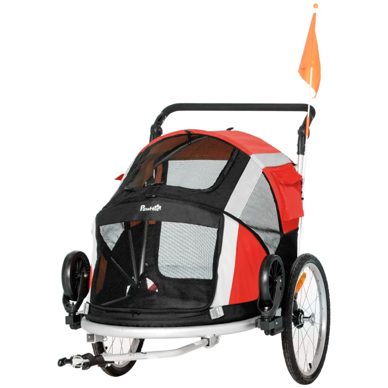 PawHut Remorque à vélo pour chien convertible jogger 2 en 1 pour animaux avec drapeau réflecteurs roues arrières gonflables aluminium