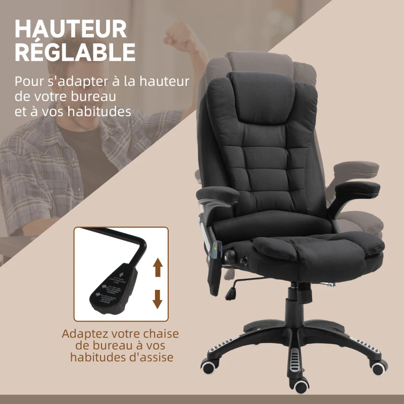 Vinsetto Fauteuil de bureau massant et chauffant, chaise de bureau, chaise ergonomique avec hauteur réglable, dossier inclinable et télécommande filaire, pivotant à 360° tissu en polyester noir