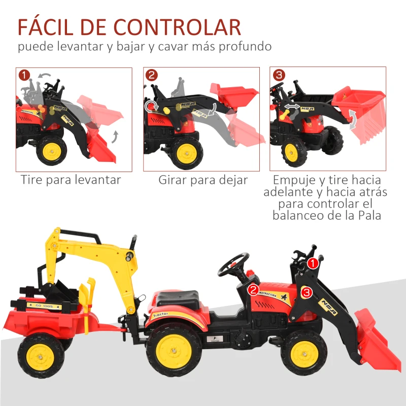 HOMCOM Tractor a Pedales con Remolque Excavador con Pala Frontal Juguete de Conducción para Mayores de 3 Años Dirección y Palas Fáciles de Controlar Soporta hasta 35 kg 179x42x59 cm Rojo