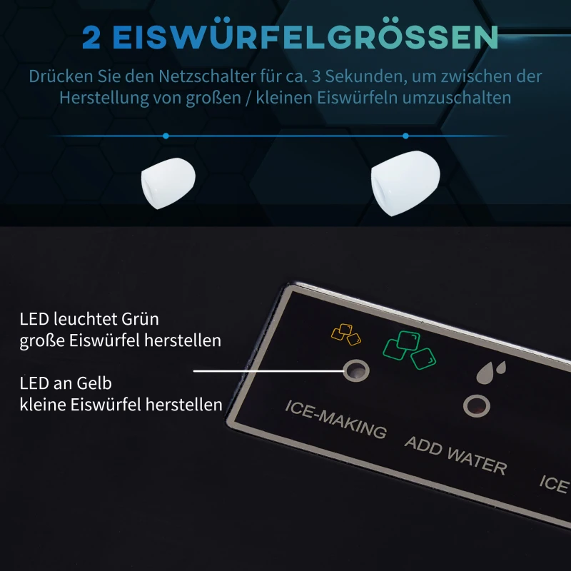 HOMCOM Eiswürfelmaschine, 2, 1 Liter Wasser, 15 kg in 24 h, Selbstreinigend, Weiß, inkl. Eiswanne + Eisschaufel