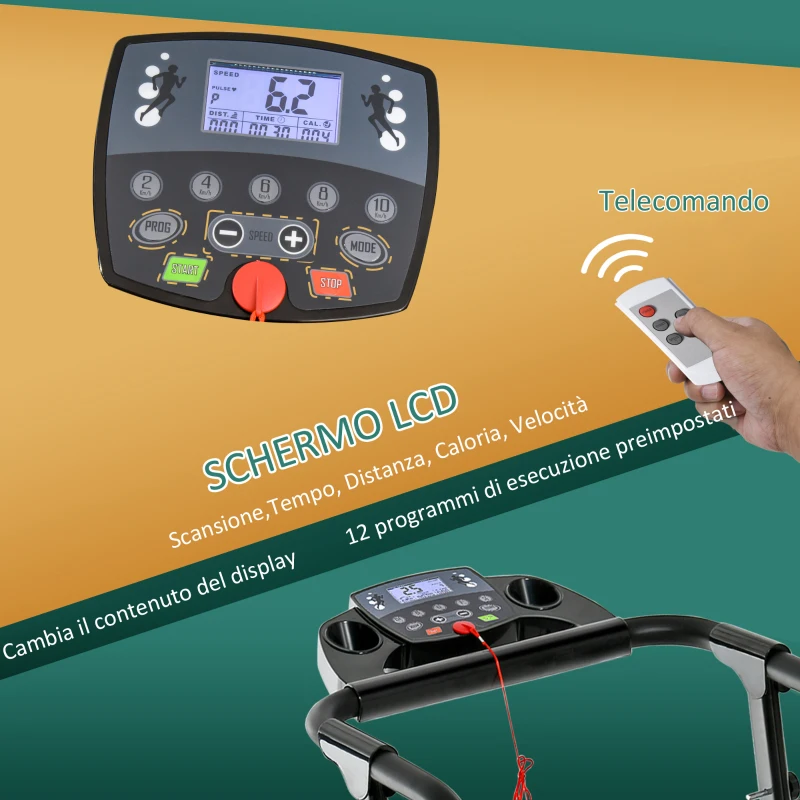 HOMCOM Tapis Roulant Elettrico Pieghevole Salvaspazio, Tapis Roulant Professionale con Display LCD, Velocità 0.8-10km/h e 12 Programmi, Potenza 500W, per Casa e Ufficio, Nero