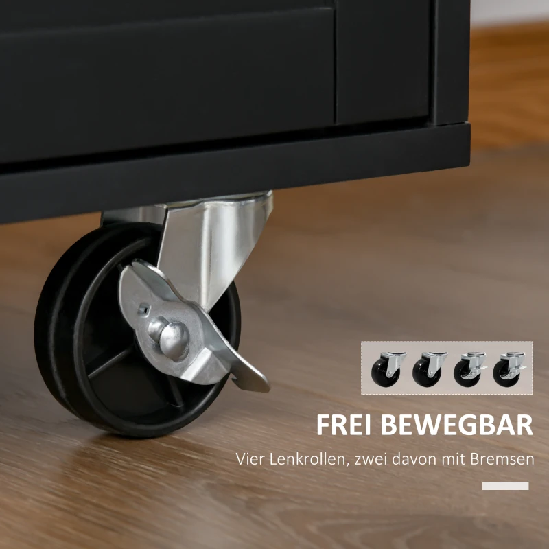 HOMCOM Küchenwagen rollbar Servierwagen Küchentrolley mit höhenverstellbaren Einlegeböden für Küche Wohnzimmer Esszimmer Gummiholz MDF Schwarz 109 x 40 x 89 cm