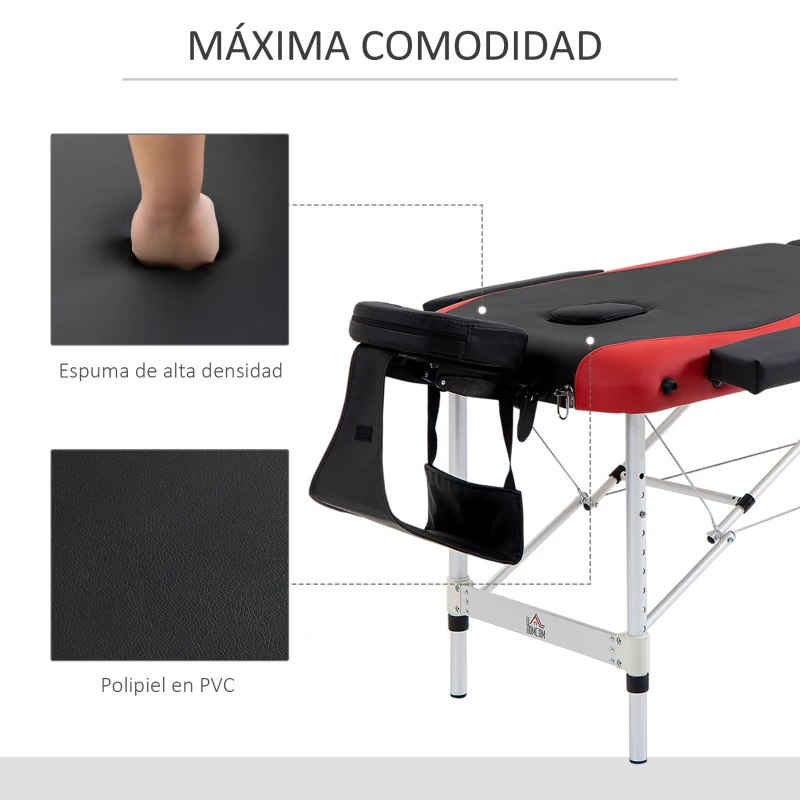 HOMCOM Camilla de Masaje Plegable y Portátil 210x81x62-85 cm Mesa Ajustable en Altura con Reposacabezas y Apoyabrazos para Tatuaje Fisioterapia Negro y Rojo