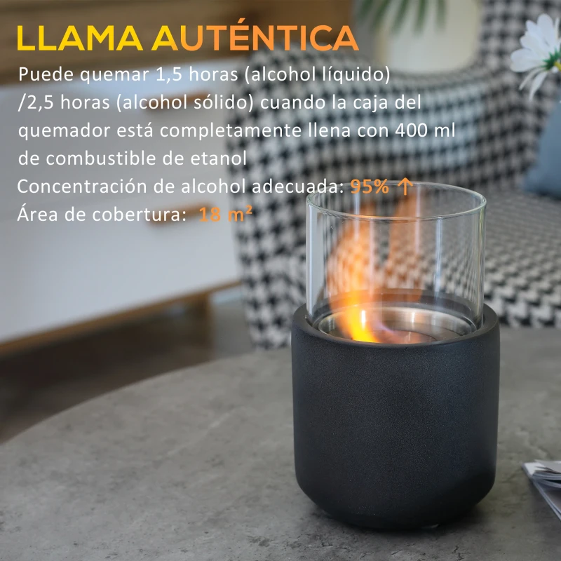HOMCOM Chimenea Bioetanol Sobremesa Capacidad de 0,4L Combustión de 2,5h para Interior y Exterior 12x12x19cm Gris Oscuro