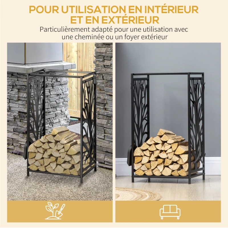 HOMCOM Porte bûches - Range bûches Serviteur de cheminée Arbre - Multi Accessoires étagère 46L x 29l x 70H cm Acier Noir