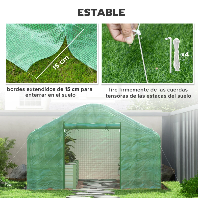Outsunny Invernadero de Túnel 4x3x2 m con 2 Ventanas Cubierta de PE Anti-UV y 1 Puerta Enrollable con Cremallera Verde(m-7)